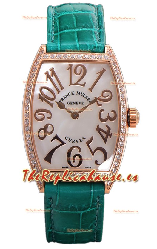 Franck Muller Cintree Curvex Dial Madre Perla Reloj Chapado en Oro Rosado - Correa Verde