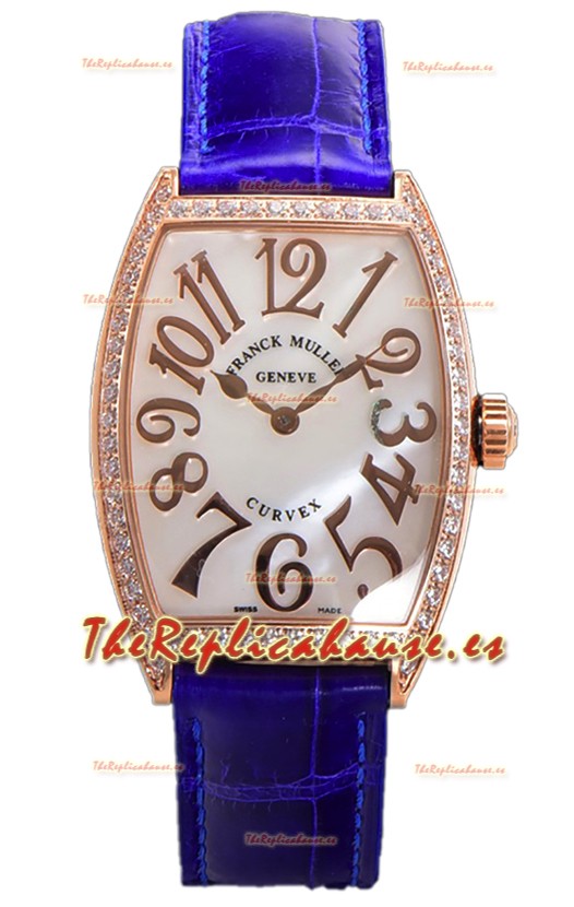 Franck Muller Cintree Curvex Dial Madre Perla Reloj Chapado en Oro Rosado - Correa Morada