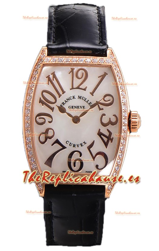 Franck Muller Cintree Curvex Dial Madre Perla Reloj Chapado en Oro Rosado - Correa Negra
