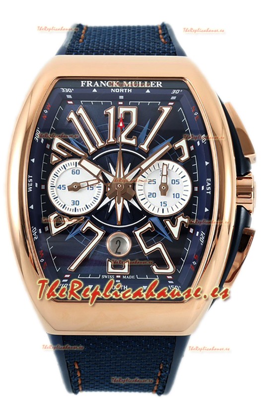 Franck Muller Vanguard V45 Cronógrafo 904L Oro Rosado Dial Azul Reloj Swiss