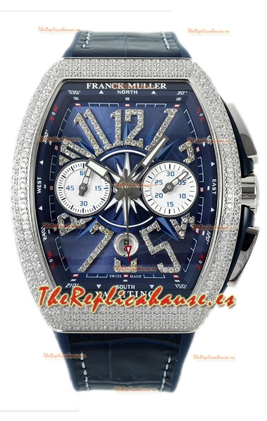 Franck Muller Vanguard V45 Chronograph Acero 904L Dial Azul con Diamantes Reloj Suizo