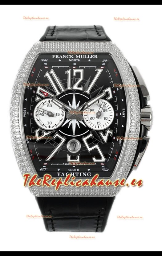 Franck Muller Vanguard V45 Cronógrafo Acero 904L Dial Negro con Diamantes Reloj Suizo