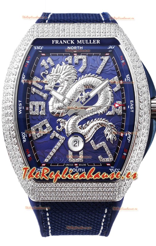 Franck Muller Vanguard Yachting Dragon V45 Dial Azul en Bisel Diamantes Réplica Suiza