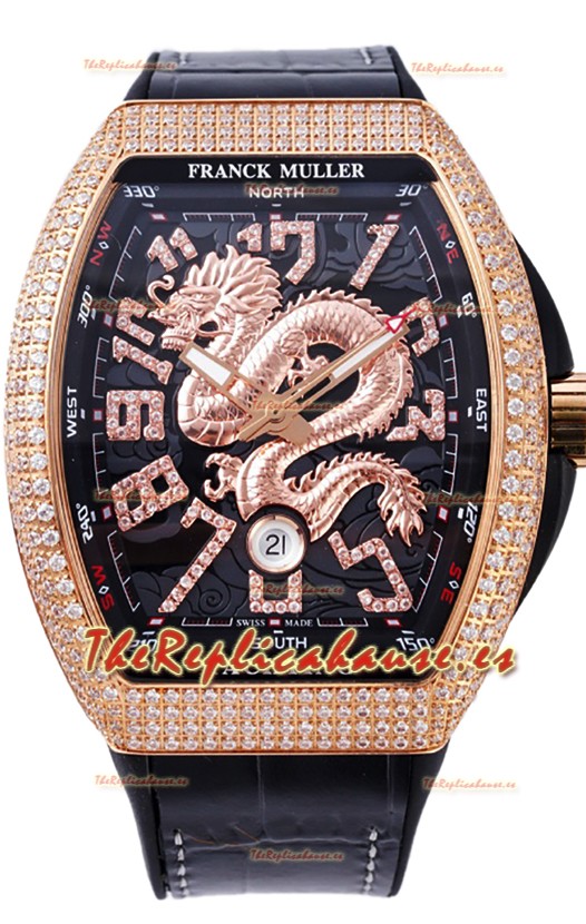 Franck Muller Vanguard Yachting Dragon V45 Dial Negro en Bisel Dorado Diamantes Réplica Suiza