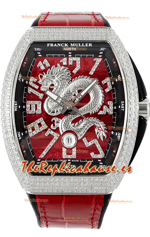 Franck Muller Vanguard Yachting Dragon V45 Dial Rojo Bisel Dorado Diamantes Réplica Suiza