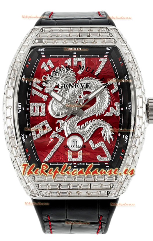 Franck Muller Vanguard Yachting Dragon V45 Dial Rojo con Bisel Cuadrado Diamantes Réplica Suiza