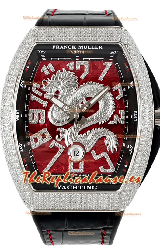Franck Muller Vanguard Yachting Dragon V45 Dial Rojo con Bisel Redondeado Diamantes Réplica Suiza