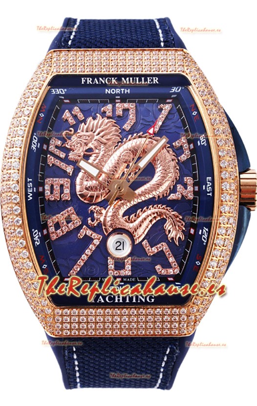 Franck Muller Vanguard Yachting Dragon V45 Dial Azul Bisel en Dorado Diamantes Réplica Suiza
