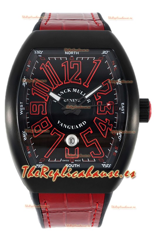 Franck Muller Vanguard en Caja Revestida DLC Dial Negroi Réplica Suiza Correa Roja 
