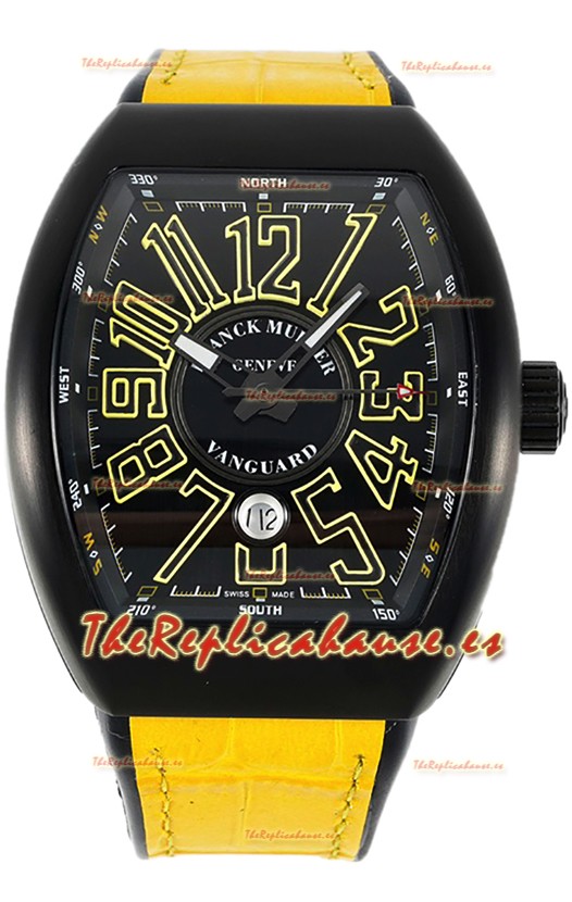 Franck Muller Vanguard en Caja Revestida DLC Dial Negro Réplica Suiza Correa Amarilla 