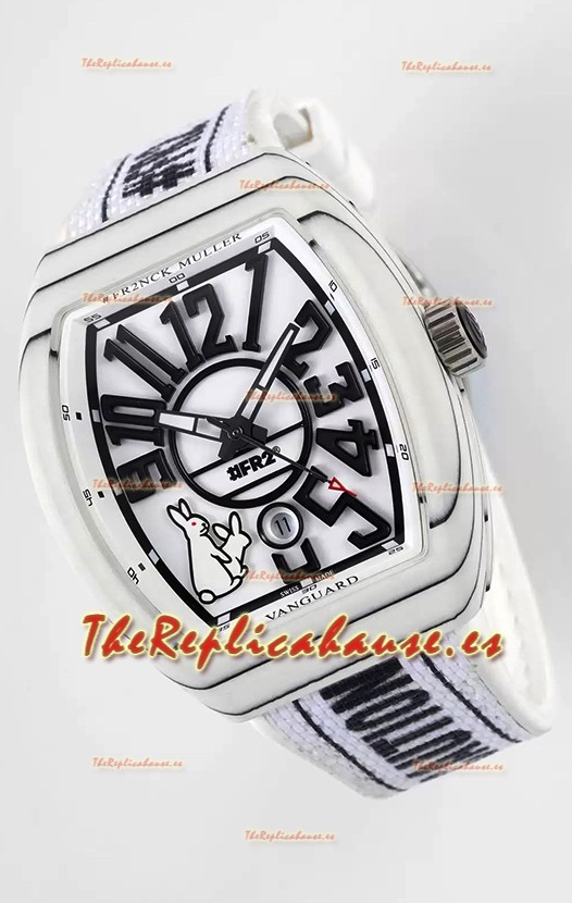 Franck Muller Edición "Fr2nck" Vanguard Rabbit Reloj Réplica Suizo en Caja de Carbono Blanco