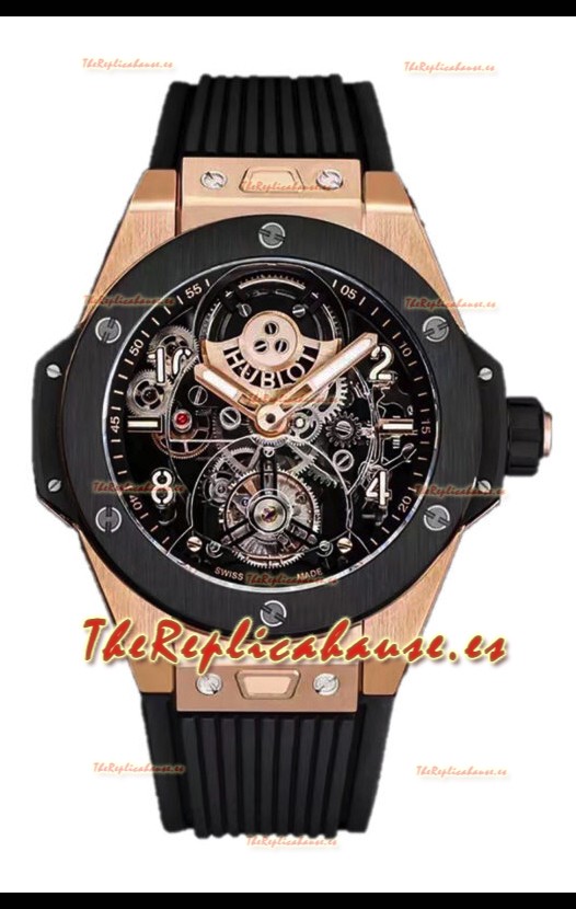 Hublot Big Bang Tourbillon Reloj Caja Oro Rosado Bisel Cerámica en 45MM Réplica Espejo 1:1