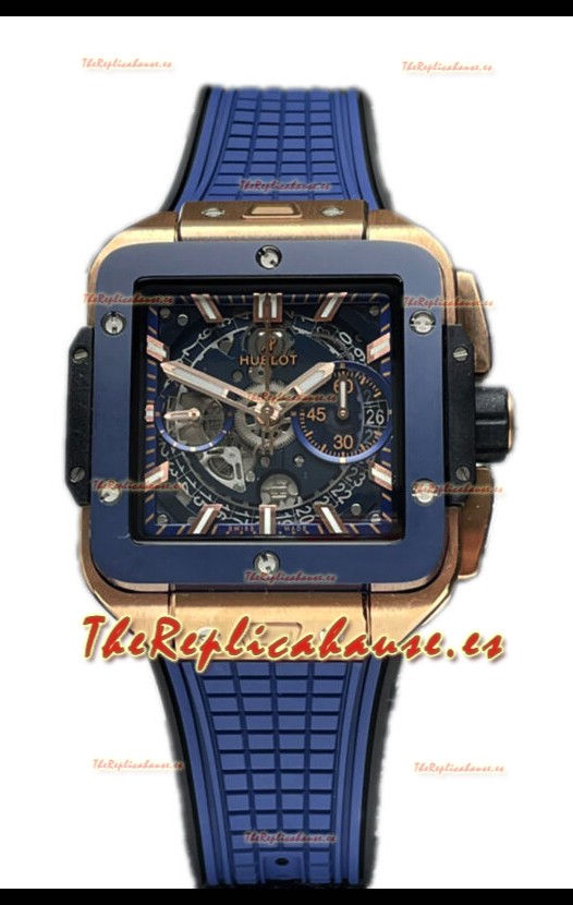 Hublot Square Bang Unico Cerámica Azul Reloj Oro Rosado Cronógrafo Réplica Espejo 1:1