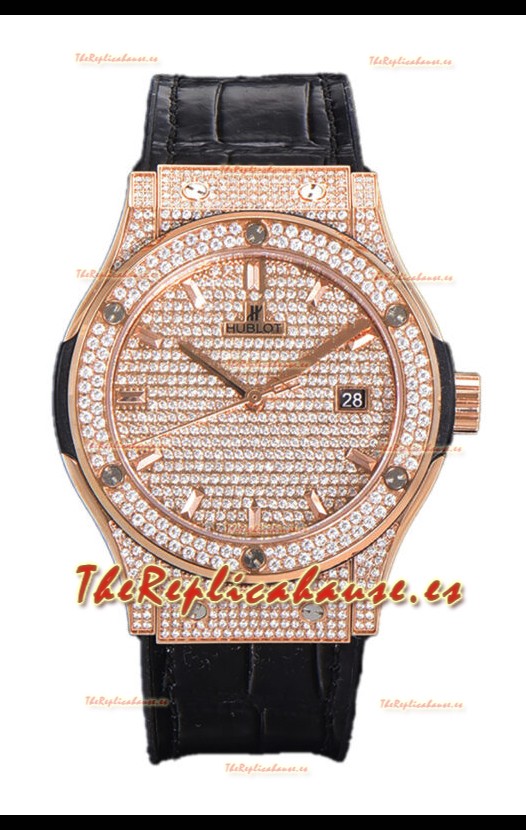 Hublot Classic Fusion Automático Dial Oro Rosado pavimentado en Diamantes Correa Gris 42MM Reloj Superclone Réplica