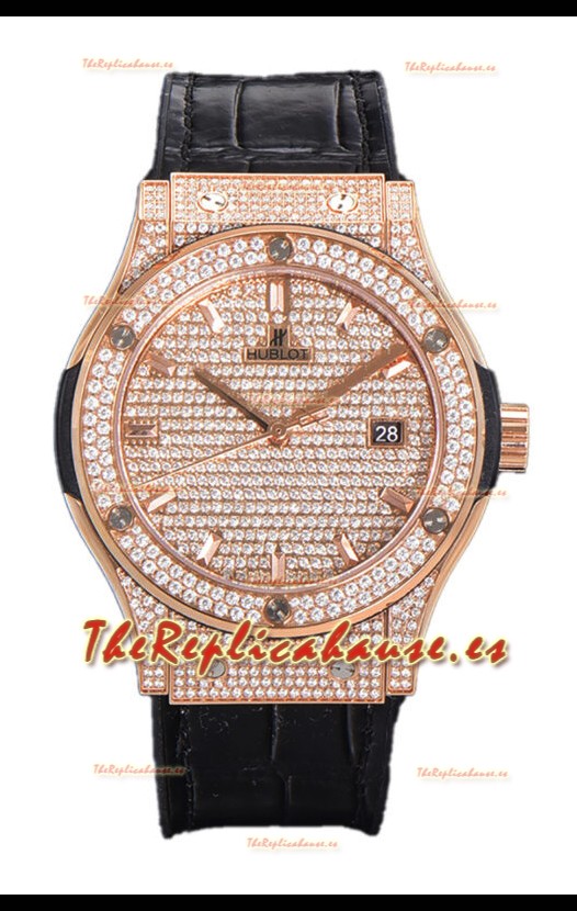 Hublot Classic Fusion Automático Dial Oro Rosado pavimentado en Diamantes Correa Negra 42MM Reloj Superclone Réplica 