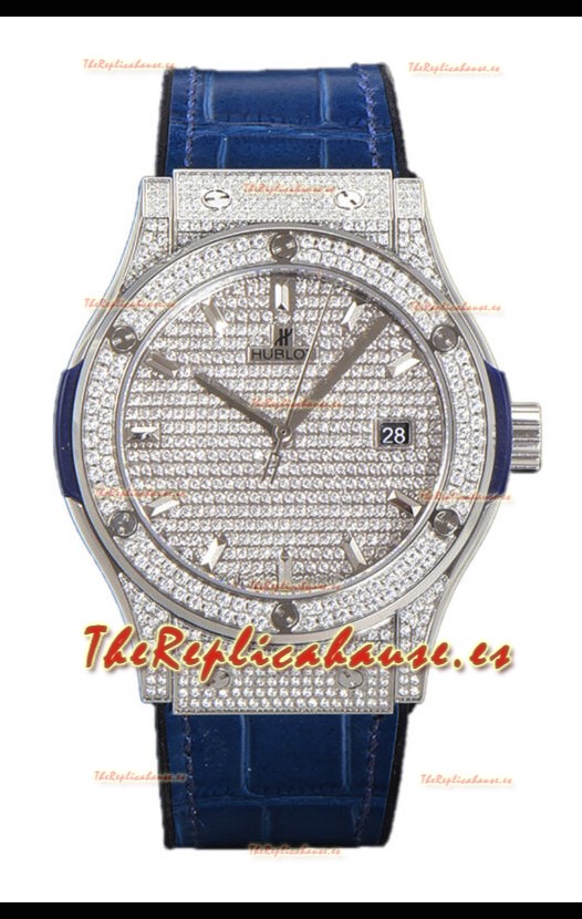 Hublot Classic Fusion Automático Dial Acero pavimentado en Diamantes Correa Azul 42MM Reloj Superclone Réplica 