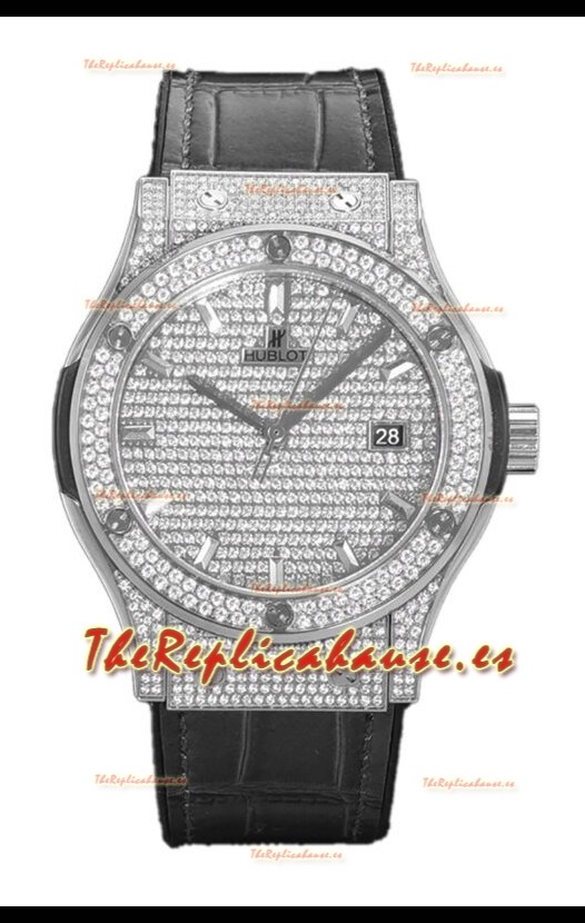 Hublot Classic Fusion Automático Dial Acero pavimentado en Diamantes Correa Gris 42MM Reloj Superclone Réplica