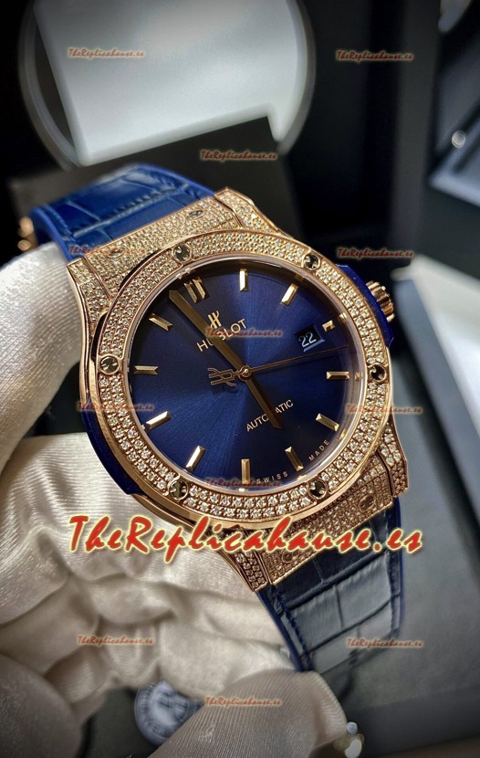 Hublot Classic Fusion Diamonds Rose Gold Steel Dial Azul Reloj Réplica Suizo 1:1 Calidad Espejo