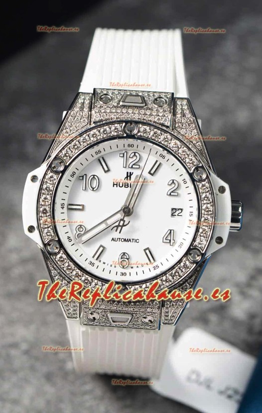 Hublot Big Bang One Click Caja Pavimentada de Moissanitas Reloj Réplica Suizo Dial Blanco