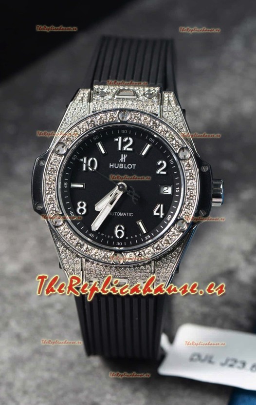 Hublot Big Bang One Click Caja Pavimentada de Moissanitas Reloj Réplica Suizo Dial Negro