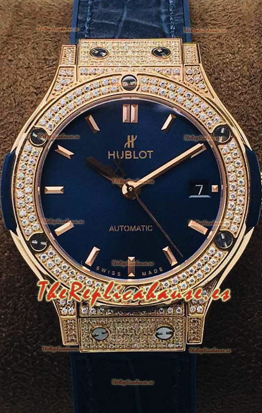 Hublot Classic Fusion Diamonds Oro Rosado Dial Azul 38MM Reloj Réplica Suizo Calidad Espejo 1:1