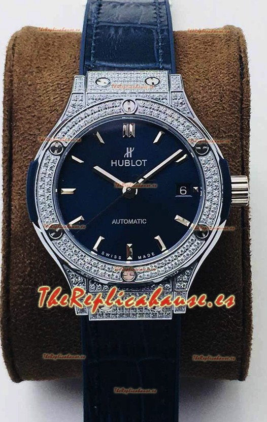 Hublot Classic Fusion Diamonds Acero Dial Azul 38MM Reloj Réplica Suizo Calidad Espejo 1:1