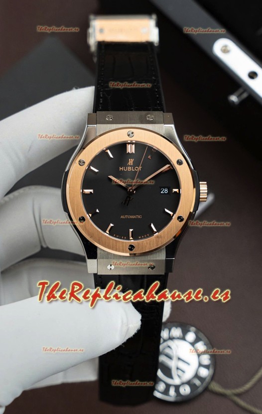 Reloj Hublot Super Clone Classic Fusion de Titanio con Dial Rosa en Dos Tonos, Dorado y Negro, de 42 mm.