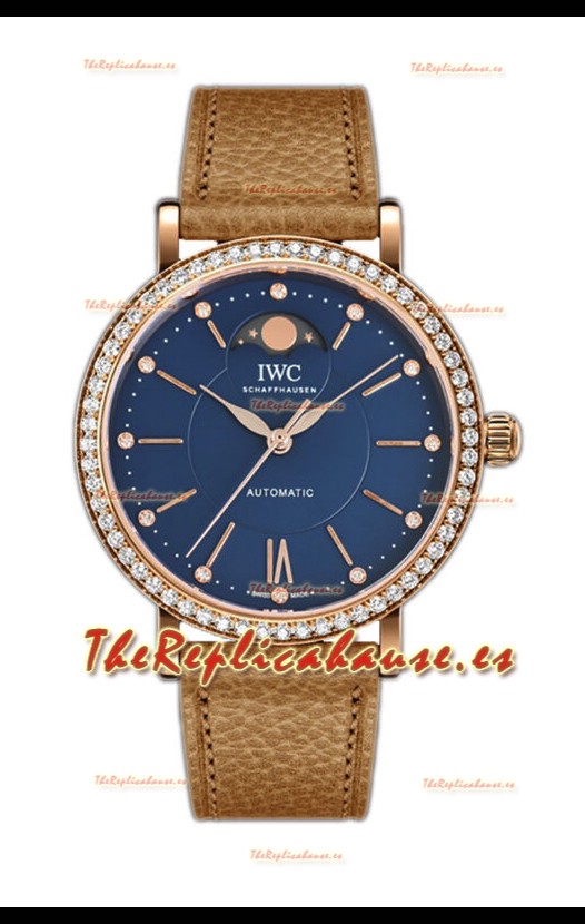 IWC Portofino IW6596 Automático Fase Lunar Reloj Caja Oro Rosado en Dial Azul 37MM