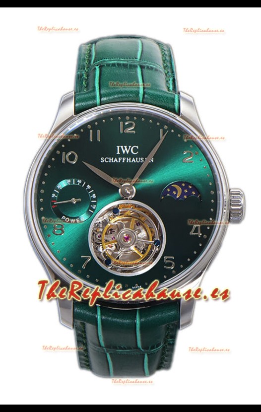 IWC Portugese Hand-Wound Genuino Tourbillon Dial Verde Caja Acero Reloj Réplica Suiza 