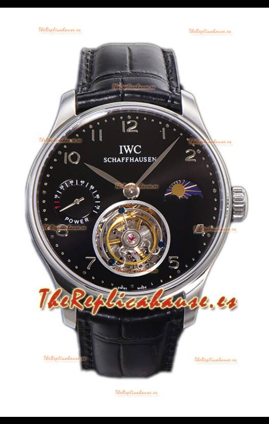 IWC Portugese Hand-Wound Genuino Tourbillon Dial Negro Caja Acero Reloj Réplica Suiza 