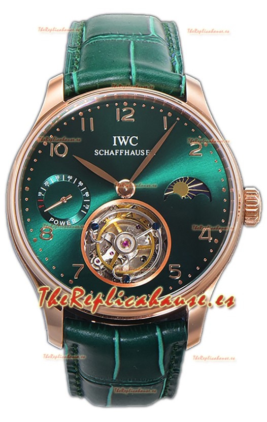 IWC Portugese Hand-Wound Genuine Tourbillon Dial Verde Caja Oro Rosado Reloj Réplica Suiza 