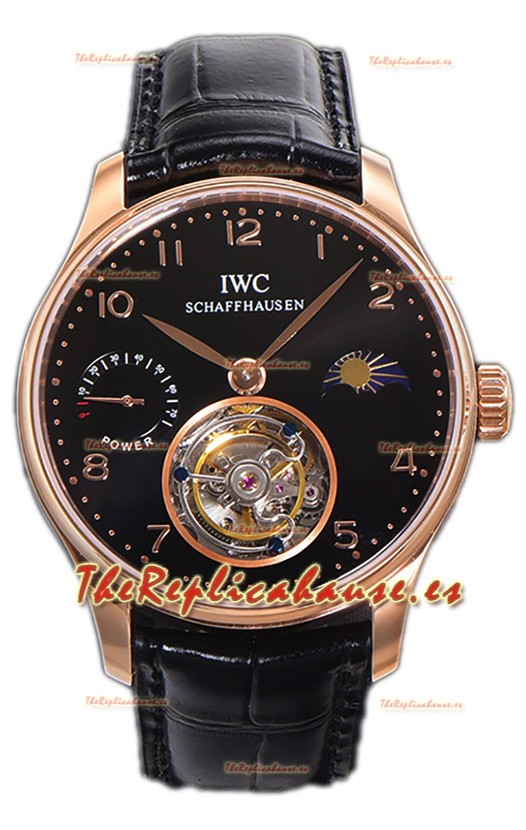 IWC Portugese Hand-Wound Genuine Tourbillon Dial Negro Caja Oro Rosado Reloj Réplica Suiza 