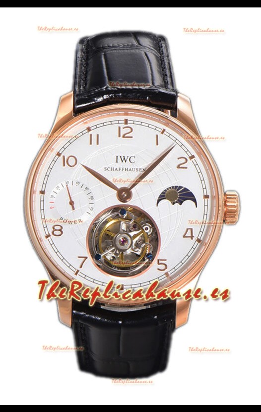 IWC Portugese Hand-Wound Genuino Tourbillon Dial Blanco Caja Oro Rosado Reloj Réplica Suiza 