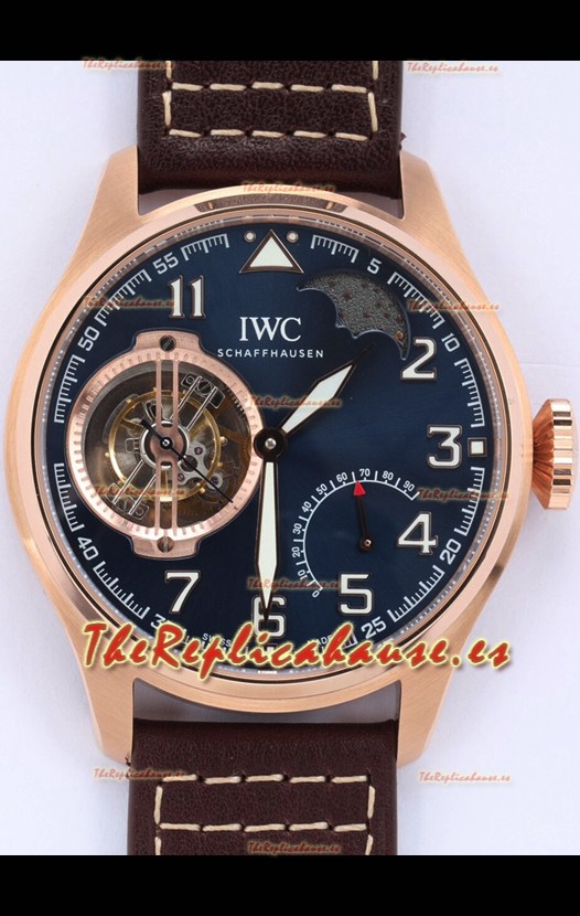 IWC Portuguese Genuine Swiss Movimiento Tourbillon Reloj Oro Rosado en Dial Azul 