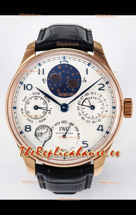 IWC Super Clone Portuguese Perpetual Calendar Rose Dial Dorado Blanco Reloj Réplica