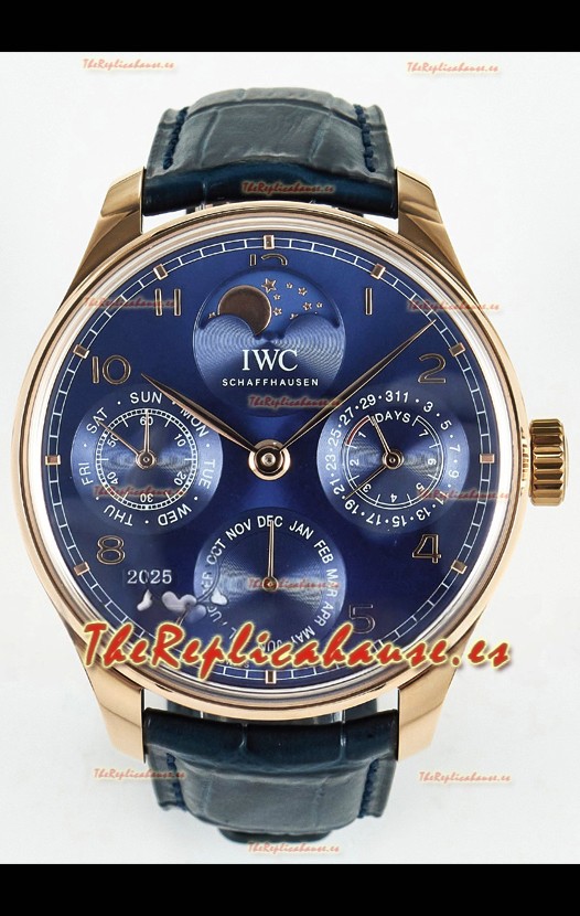 IWC Super Clone Portuguese Perpetual Calendar Rose Dial Dorado Azul Reloj Réplica