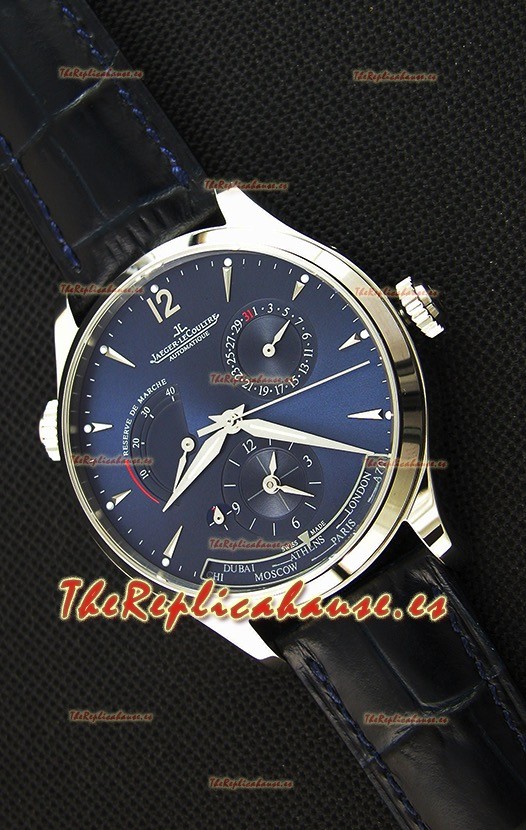 Jaeger LeCoultre Master Geographic Indicador de Reserva de Energía Caja de Acero Dial de Acero en color Azul Reloj Réplica Suizo