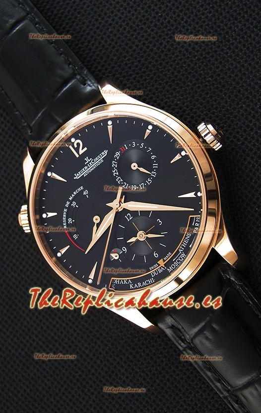 Jaeger LeCoultre Master Geographic Indicador de Reserva de Energía Reloj Réplica Suizo Oro Rosado Dial Negro