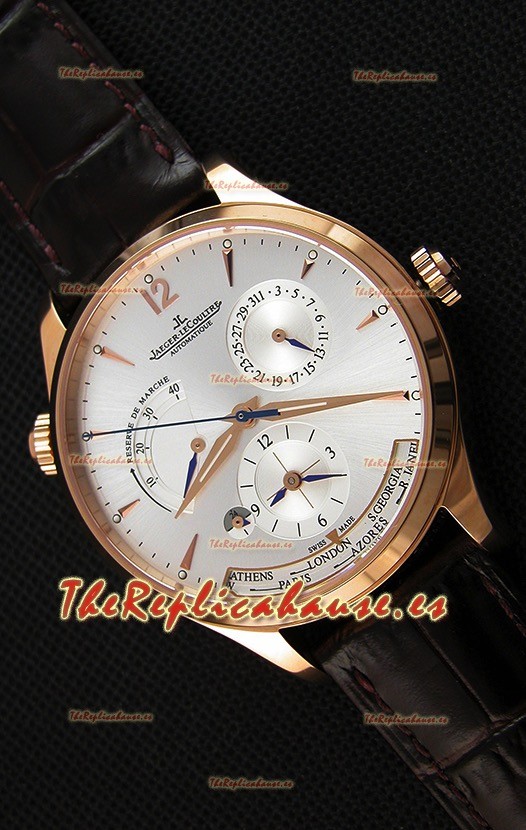 Jaeger LeCoultre Master Geographic Indicador de Reserva de Energía Caja de Acero chapada en Oro Dial de Acero en color Blanco Reloj Réplica Suizo