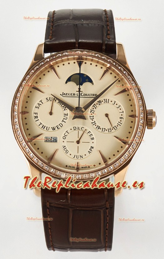 Jaeger LeCoultre Super Clone Master Ultra-Thin Calendario Perpetuo Dial Crema Reloj Bisel Diamantes