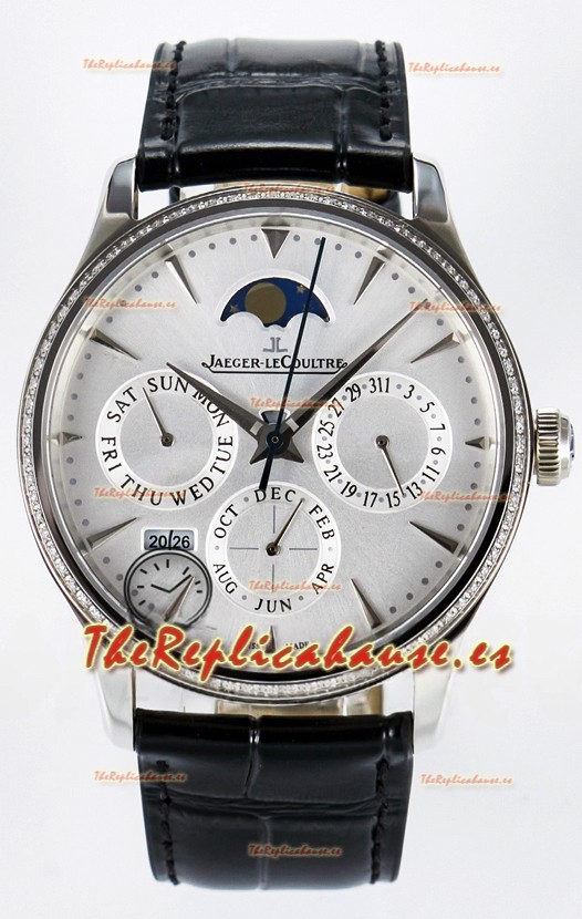 Jaeger LeCoultre Super Clone Master Ultra Thin Calendario Perpetuo Dial Blanco Diamonds Watch