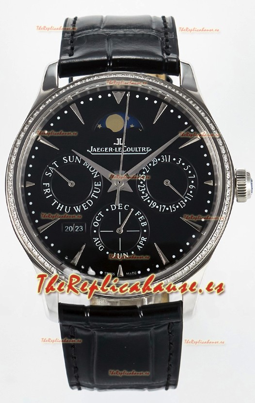 Jaeger LeCoultre Super Clone Master Ultra-Thin Calendario Perpetuo Dial Negro Reloj Diamantes