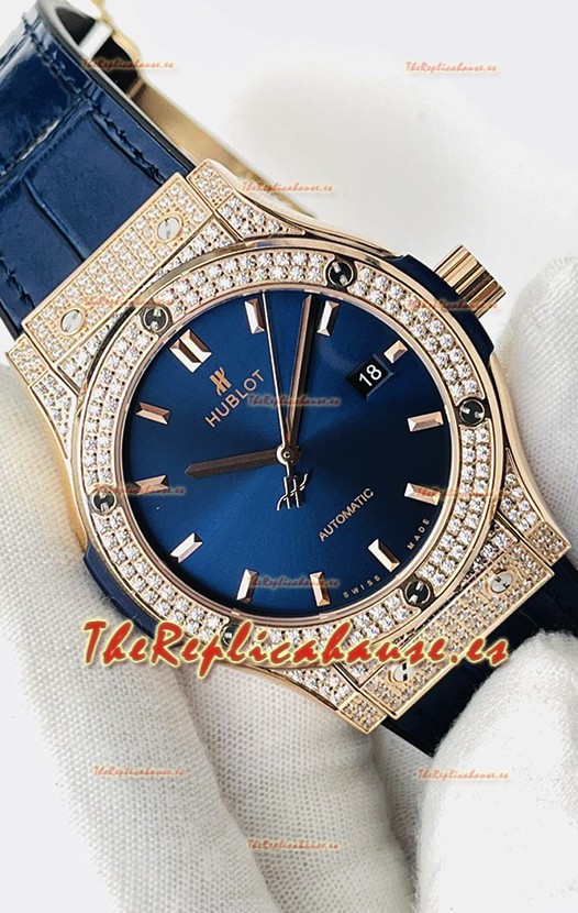 Hublot Classic Fusion Diamantes Oro Rosado Dial Acero Azul Reloj Réplica Suizo Calidad Espejo 1:1