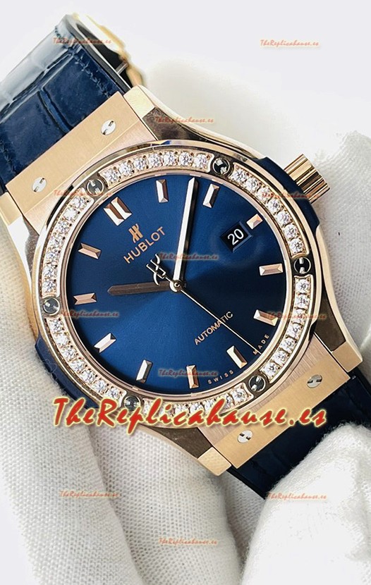 Hublot Classic Fusion Oro Rosado Dial Azul Acero Reloj Réplica Suizo Calidad Espejo 1:1