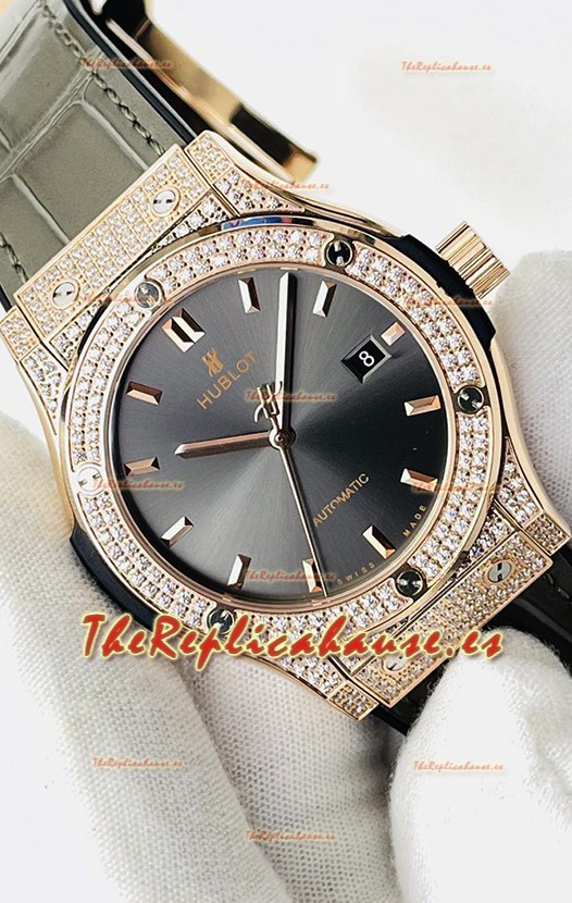 Hublot Classic Fusion Diamantes Oro Rosado Dial Gris Reloj Réplica Suizo Calidad Espejo 1:1