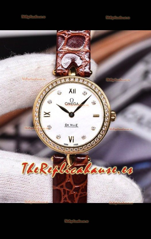 Omega De Ville Edición Prestige Dewdrop Reloj Cuarzo Suizo en Oro Rosado Correa Marrón