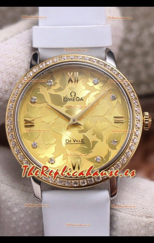 Omega De Ville Floral Dial Movimiento de Cuarzo Suizo Caja en Dos Tonos - Dial Oro
