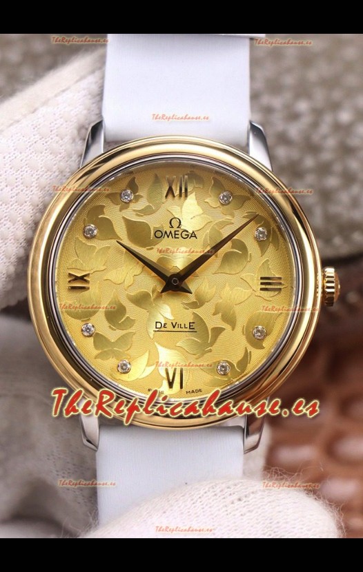 Omega De Ville Floral Dial Movimiento de Cuarzo Suizo Caja en Dos Tonos - Dial Oro