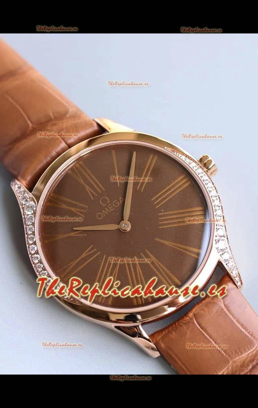 Omega De Ville Tresor Edition Cuarzo Suizo Watch 36MM Caja Oro Rosado Dial Marrón