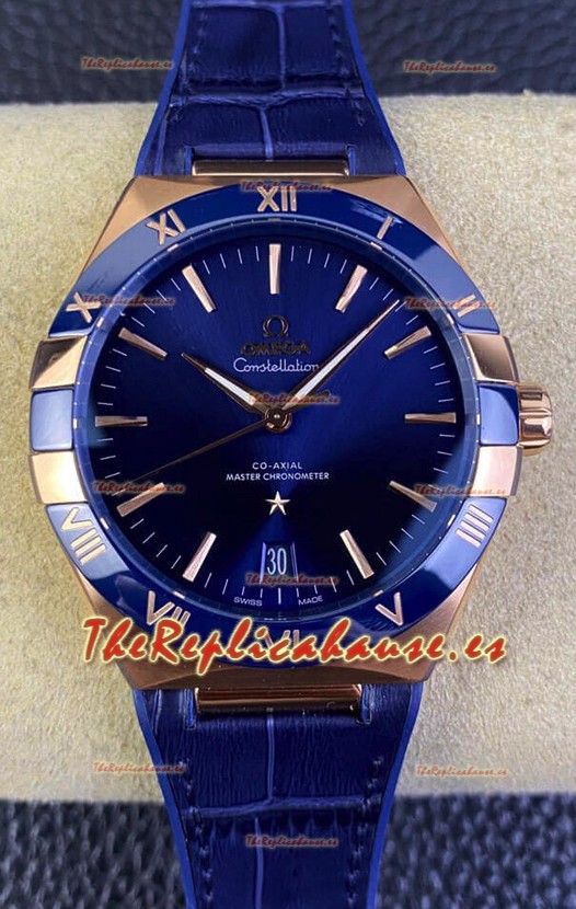 Omega Co-Axial Constellation 41MM Oro Rosado Acero 904L - Dial Azul Reloj Réplica Espejo 1:1